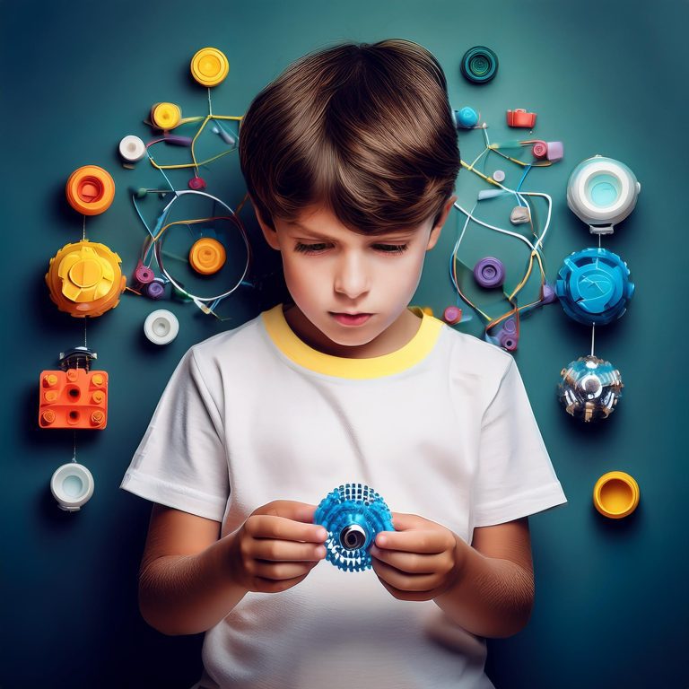 Immagine di un bambino di circa 8-10 anni, fermo e concentrato, che tiene in mano un oggetto (probabilmente un libro o un giocattolo). Sullo sfondo, come proiezione mentale, appaiono linee, forme geometriche e pattern simmetrici che sembrano emergere dai suoi pensieri, rappresentando visivamente l'ossessione per l'ordine e l'allineamento perfetto tipica del disturbo ossessivo compulsivo.