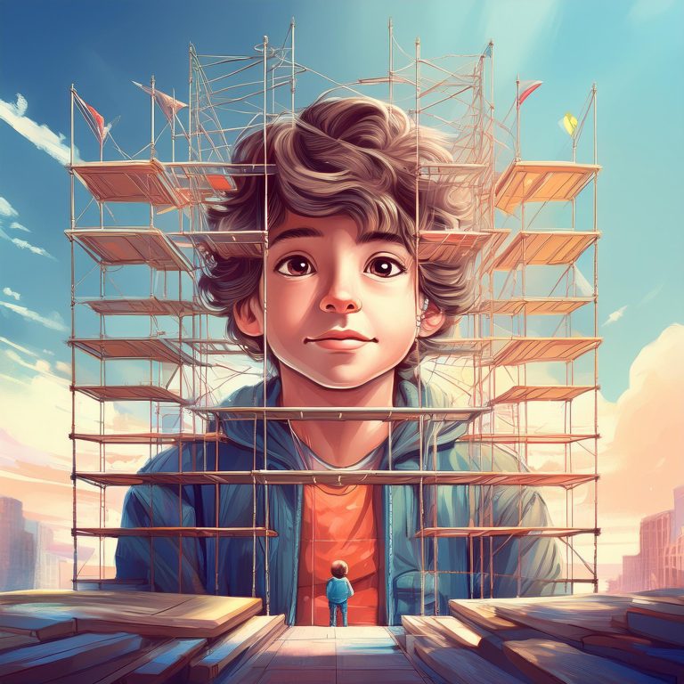 Illustrazione concettuale che mostra un bambino al centro, circondato da un'impalcatura educativa. Il bambino è rappresentato in posizione eretta, mentre attorno a lui si ergono livelli multipli di impalcature metalliche che simboleggiano il supporto graduale nell'apprendimento. Le impalcature sono disposte in modo da creare una struttura di sostegno che si eleva progressivamente, rappresentando i diversi livelli di supporto pedagogico.