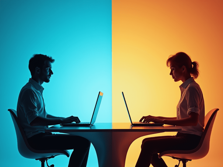 Immagine di due persone durante una seduta psicologica online. A sinistra, una psicologa professionale e a destra un uomo, entrambi seduti davanti ai loro computer portatili, inquadrati di profilo nei loro rispettivi ambienti domestici. L'immagine trasmette vicinanza emotiva nonostante la distanza fisica.