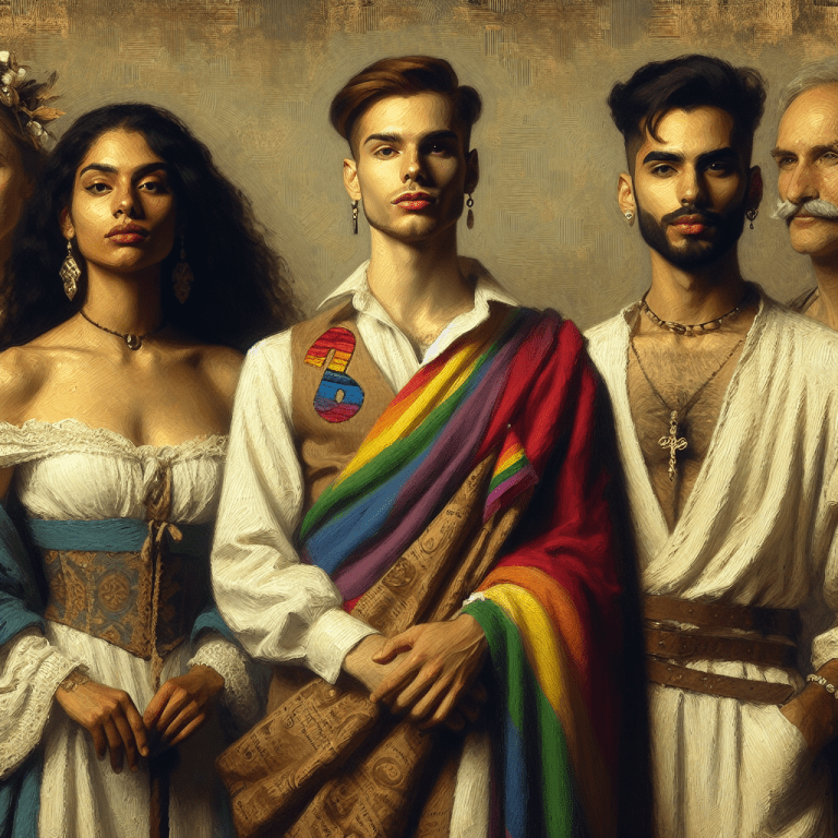 Una donna, un uomo e una persona non binaria sono fianco a fianco in un contesto inclusivo. La donna indossa abiti casual e sorride con sicurezza, l’uomo ha un’espressione accogliente e indossa abiti moderni, mentre la persona non binaria sfoggia uno stile unico con accessori arcobaleno che rappresentano l’orgoglio LGBTQ+. Sullo sfondo, si intravedono bandiere arcobaleno e persone che partecipano a una manifestazione per i diritti civili