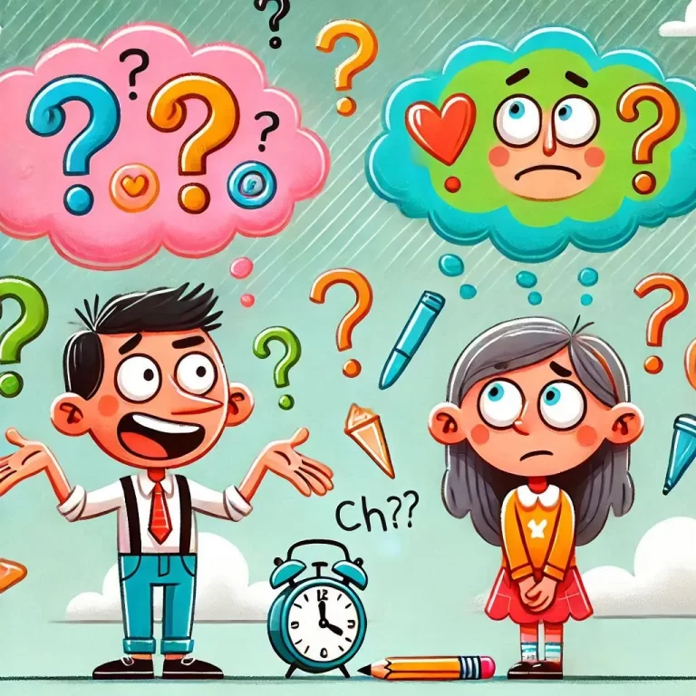 L'illustrazione mostra due personaggi cartoon in stile fumettistico su sfondo verde chiaro. A sinistra, un uomo in camicia bianca e cravatta rossa gesticola con espressione sicura e dominante. A destra, una ragazza con capelli lunghi grigi in abito arancione appare timida e incerta. Sopra di loro fluttuano due nuvolette di pensiero: una rosa piena di punti interrogativi, l'altra verde-azzurra con un'emoticon triste e un cuore. Tra i personaggi sono sparsi elementi come una sveglia, una matita e altri punti interrogativi di vari colori che galleggiano nell'aria.
