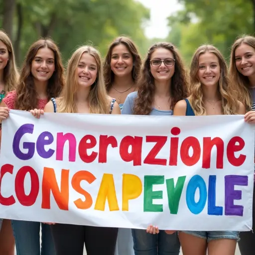 Gruppo diversificato di adolescenti sorridenti all'aperto che tengono insieme uno striscione colorato con la scritta "Generazione Consapevole" in vivaci lettere arcobaleno, illuminati dalla luce naturale del sole in un'atmosfera gioiosa e positiva.
