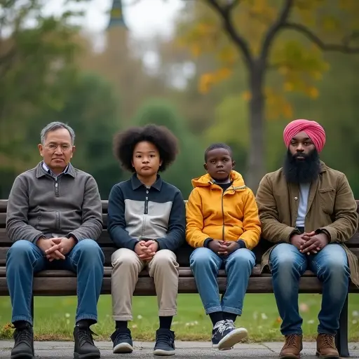 Primo piano di quattro persone sedute su una panchina: un uomo cinese, una persona africana, un bambino con sindrome di Down e un uomo musulmano con turbante. I loro volti mostrano disagio per gli sguardi dei passanti, evidenziando il peso sociale del pregiudizio
